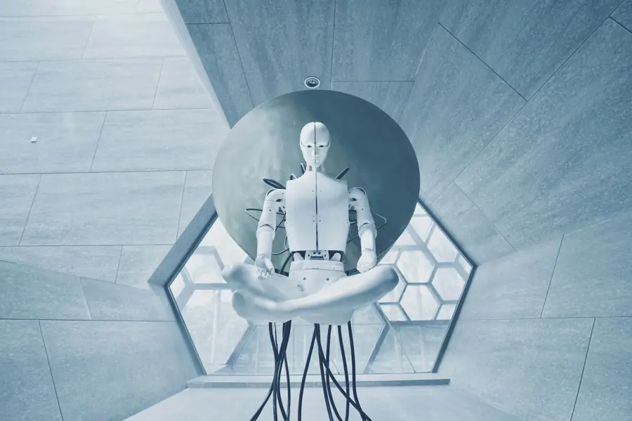 White humanoid robot seated calmly in front of a circular panel