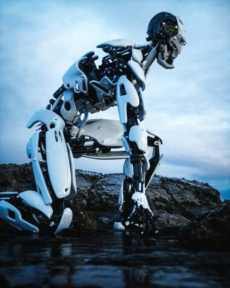 Humanoid robot crouching on wet rocks at the shoreline
